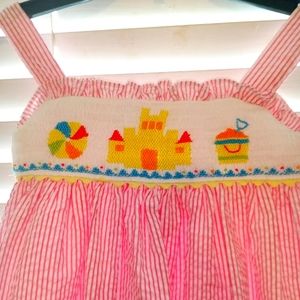 Marmellata Seersucker Pink and White Stripped, Smocked Beach dress. Size 5-7.